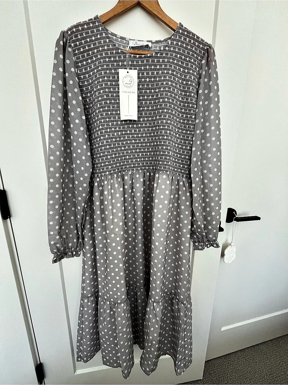 About Style Polka Dot Maxi Dress in Gray & White NWT